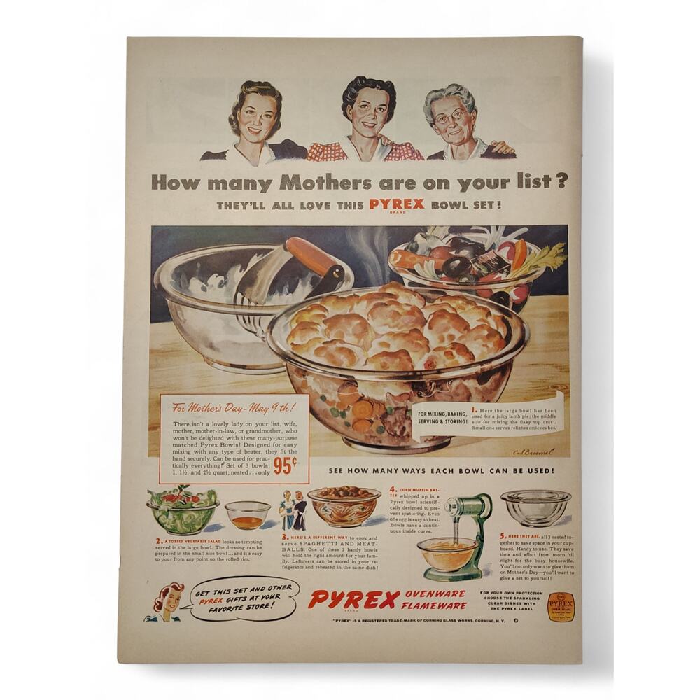 1943 Pyrex Print Ad Bowl Set Mothers Day Kitchen‎ 1940s Domestic Ephemera
